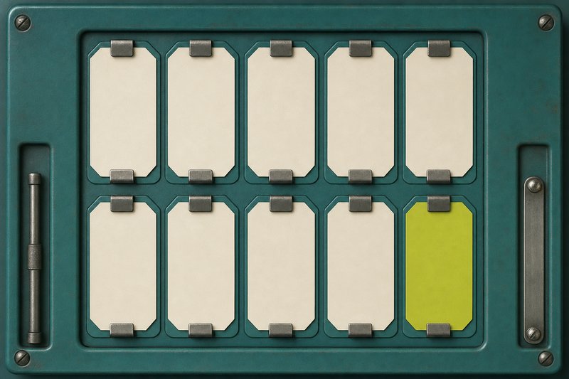 A petrol teal counter frame holding blank bone tiles, one of them amber.