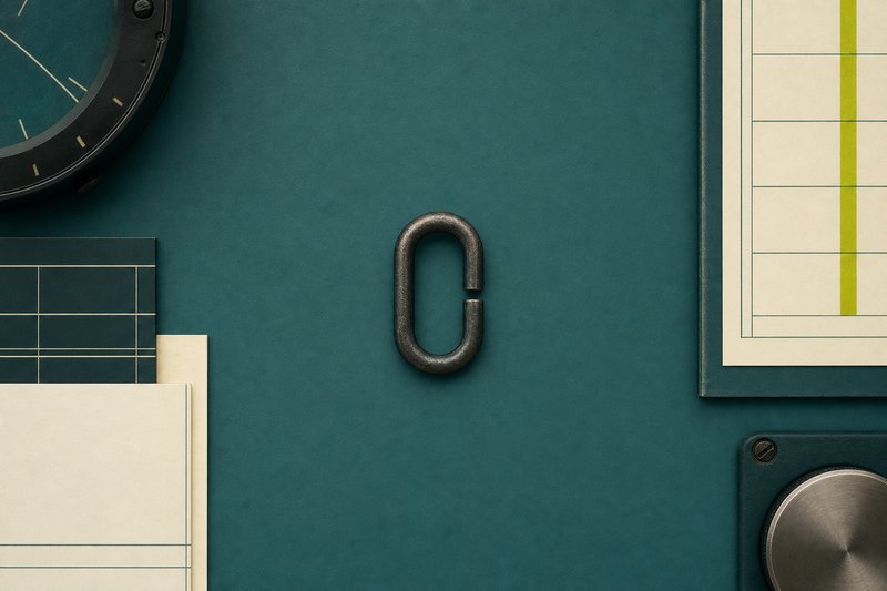 A single empty ink chain link on a wide petrol teal field, broken and marked in amber.