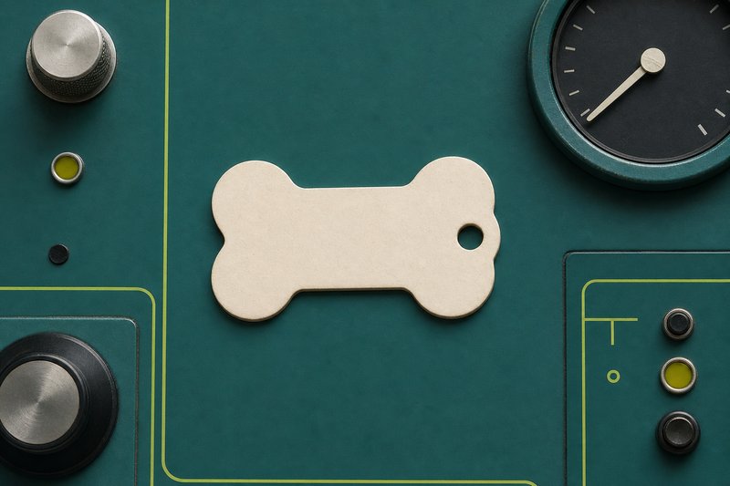 A bone tag lying face down on petrol enamel with an amber edge.