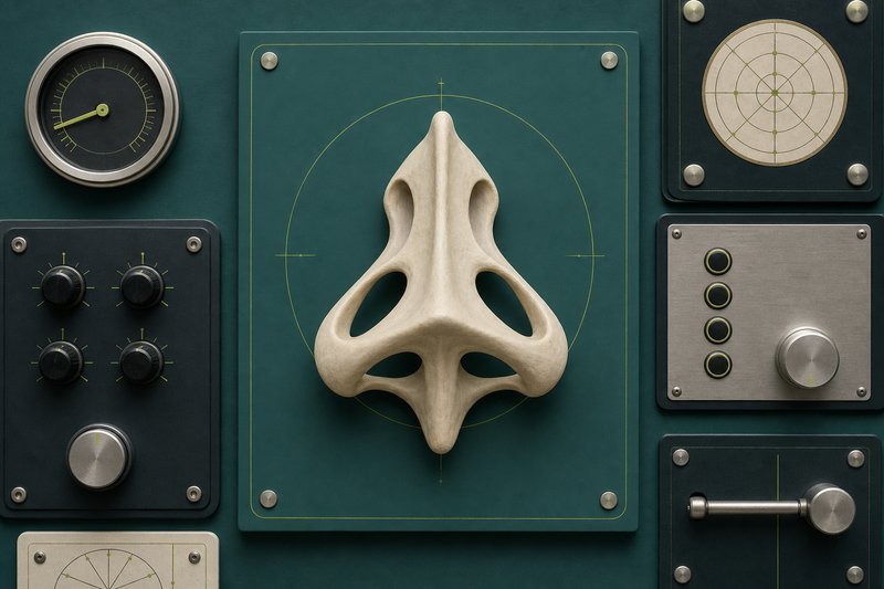 An unusual matte bone form on a petrol teal plinth with an amber engraved line.