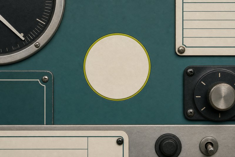 A bone disc embedded flush into petrol enamel with an amber rim.