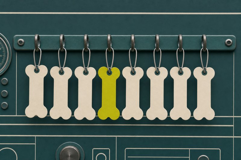 A row of bone tags hanging on a petrol teal rail with one in amber.